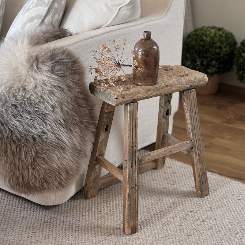 Vintage Reclaimed Wood Stool Side Table (No. 7)