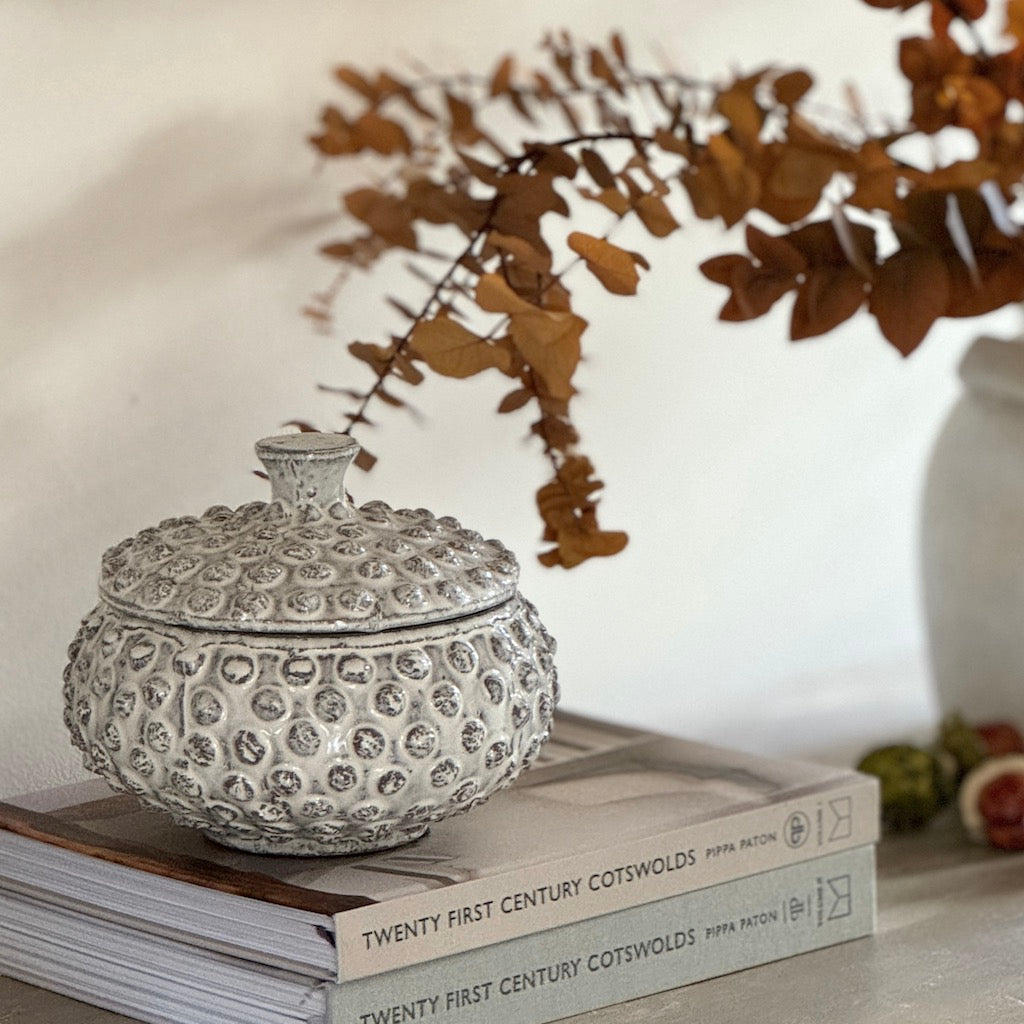 Glazed Off White Bobble Lidded Ceramic Jar