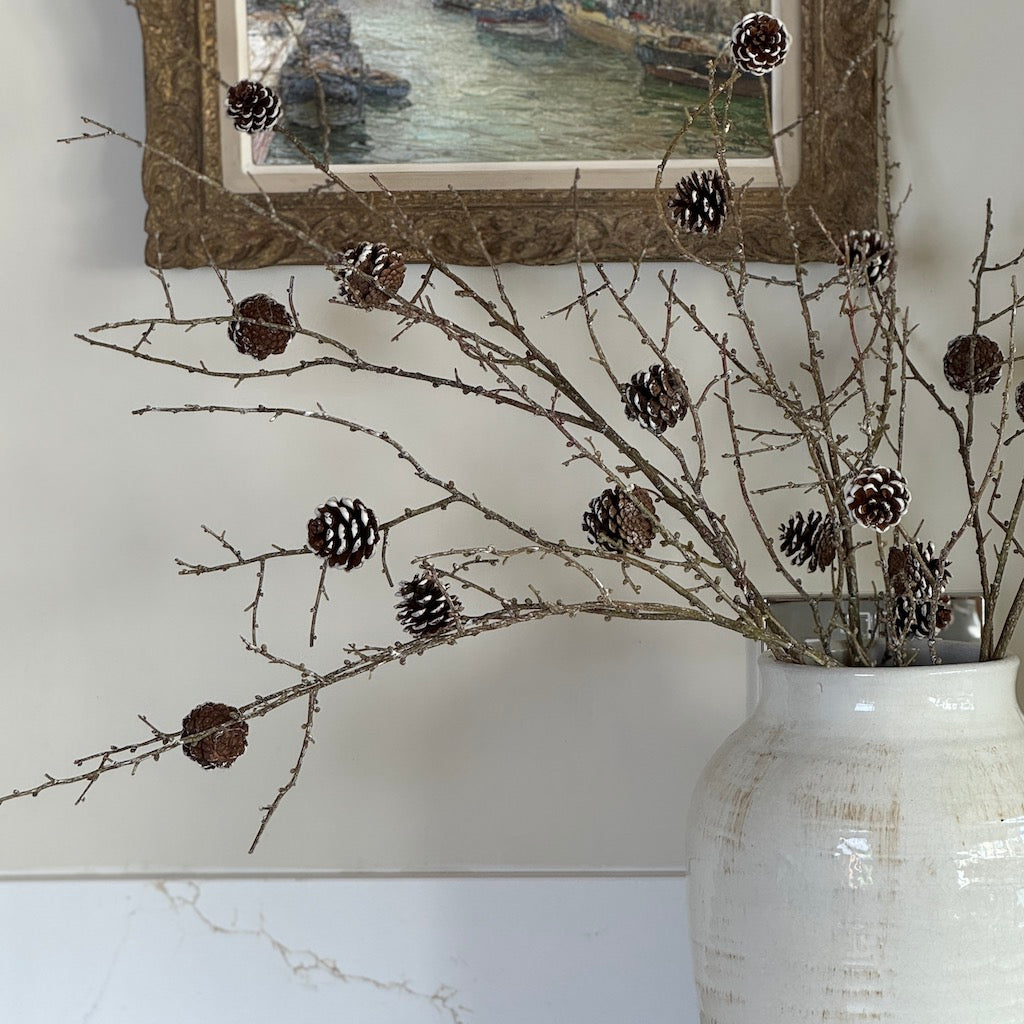 Faux Frosted Pine Cone Twig Stem