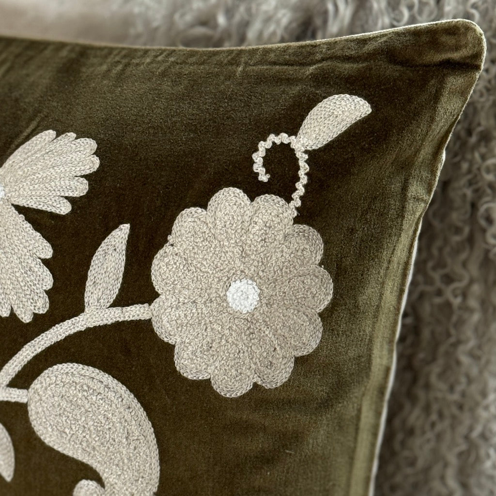 Crewelwork Olive Velvet Cushion Cover