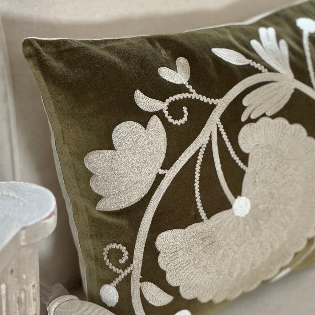 Crewelwork Olive Velvet Cushion Cover