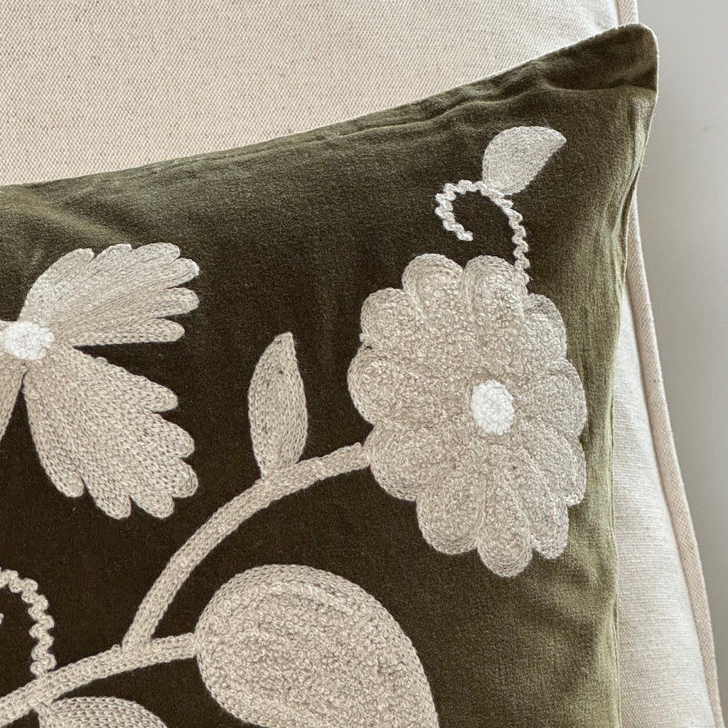 Crewelwork Olive Velvet Cushion Cover