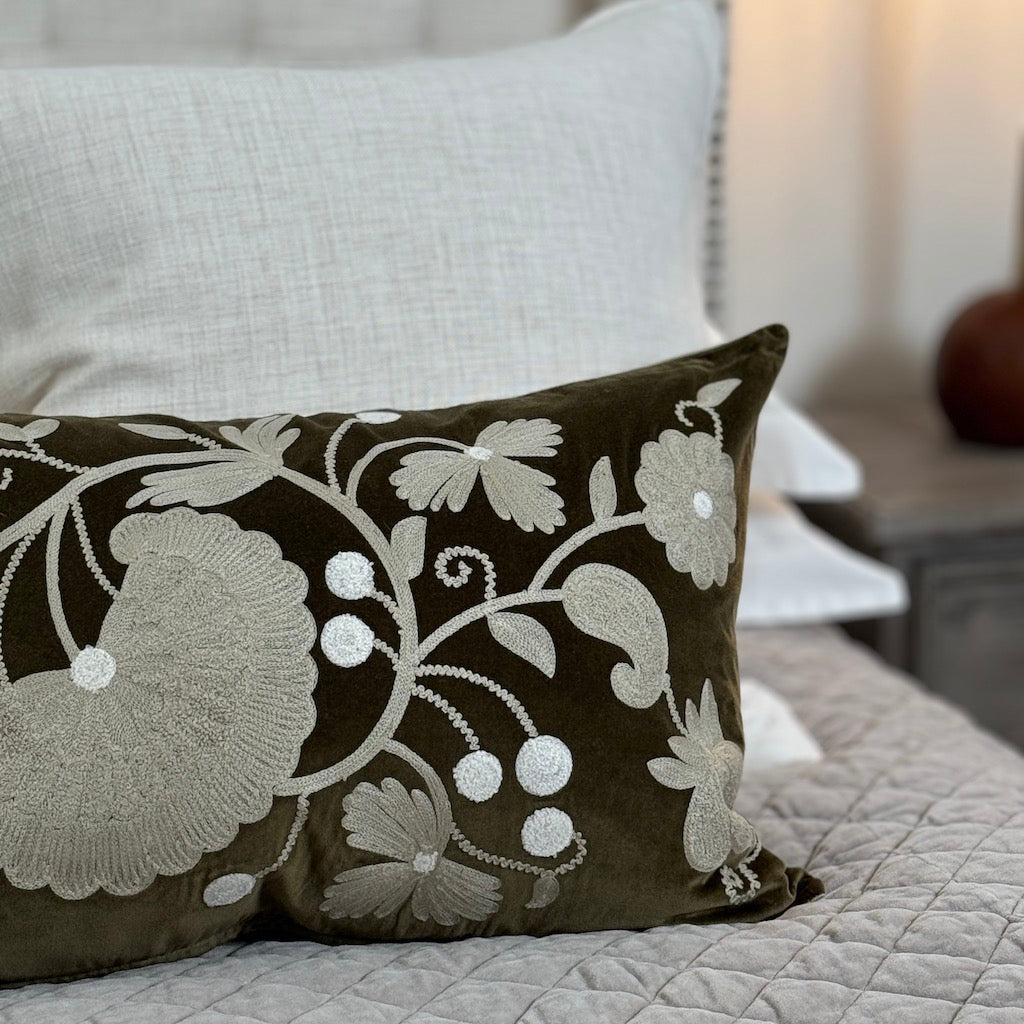 Crewelwork Olive Velvet Cushion Cover