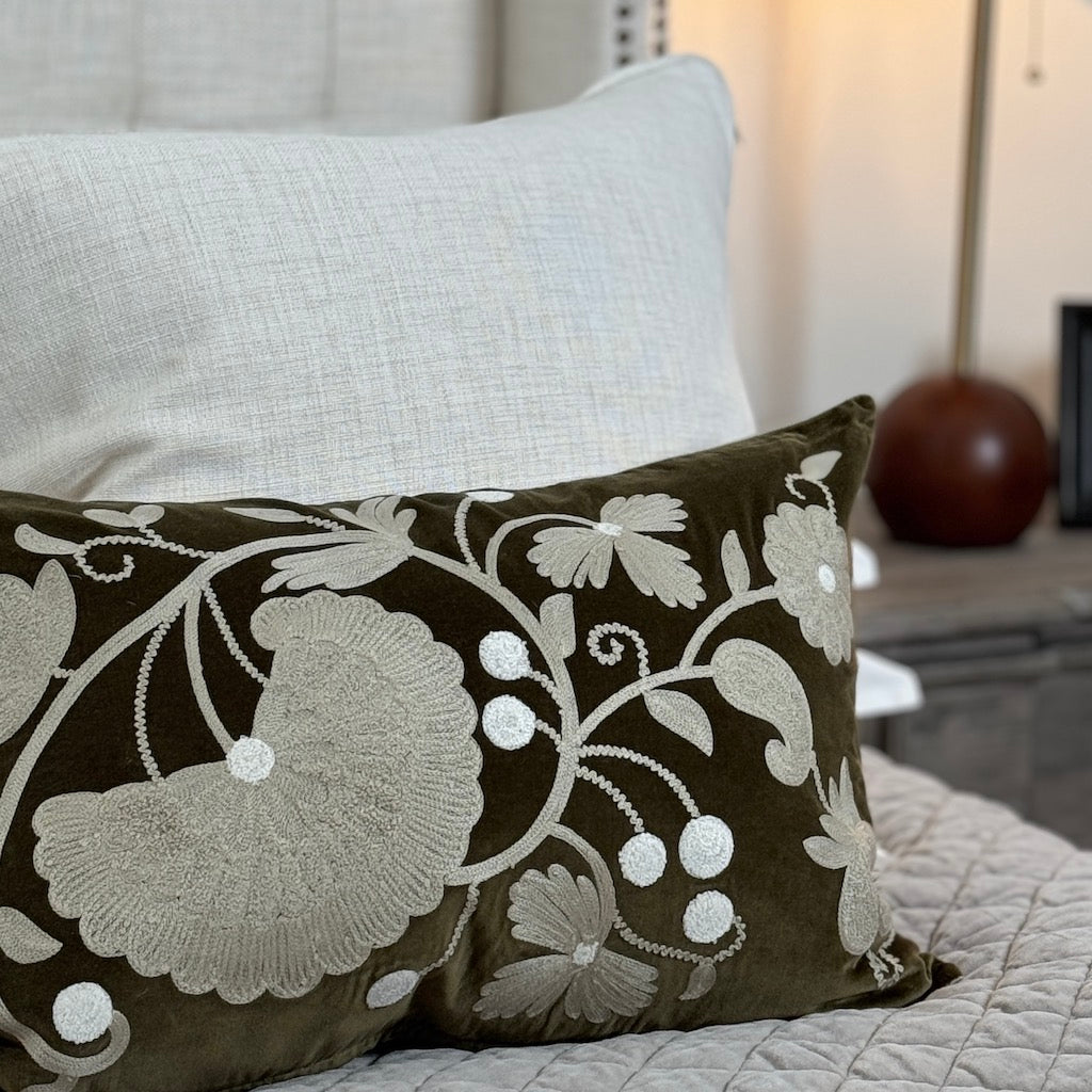 Crewelwork Olive Velvet Cushion Cover