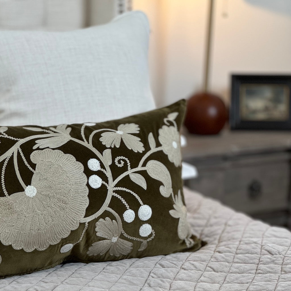 Crewelwork Olive Velvet Cushion Cover