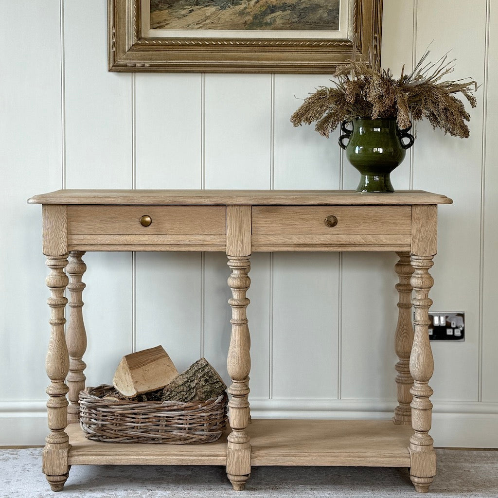 Original Vintage Oak Two Drawer Console