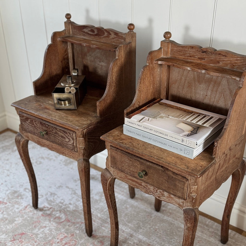 Vintage French Oak Washed Weathered Bedsides Pair