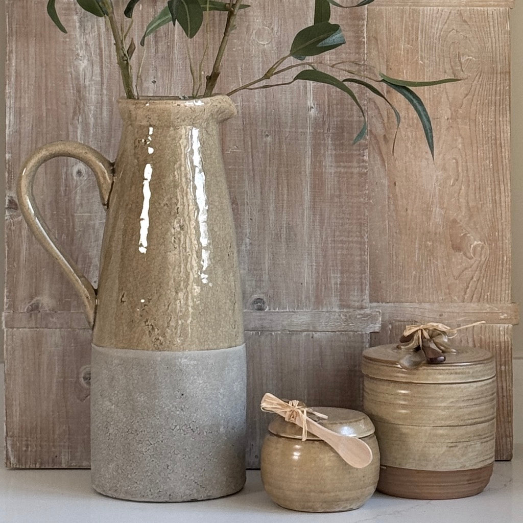 Tall Ochre Glazed Ceramic Pitcher