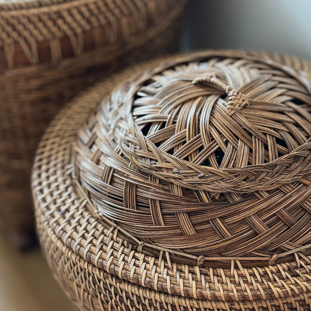 Woven Platted Rattan Basket With Lid