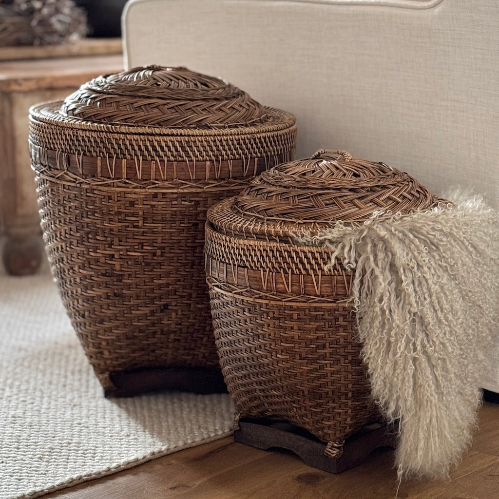 Woven Platted Rattan Basket With Lid