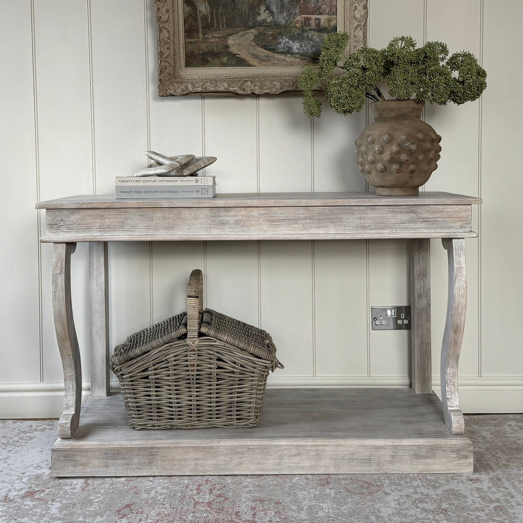 Whitewashed Scroll Console Table