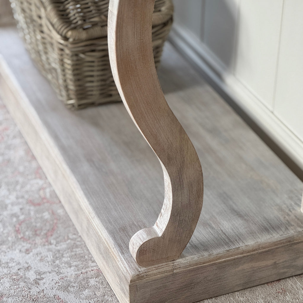 Whitewashed Scroll Console Table